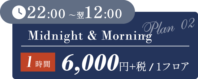 【Midnight&Morning（22:00~翌12:00）】1時間 6,000円+税/1フロア